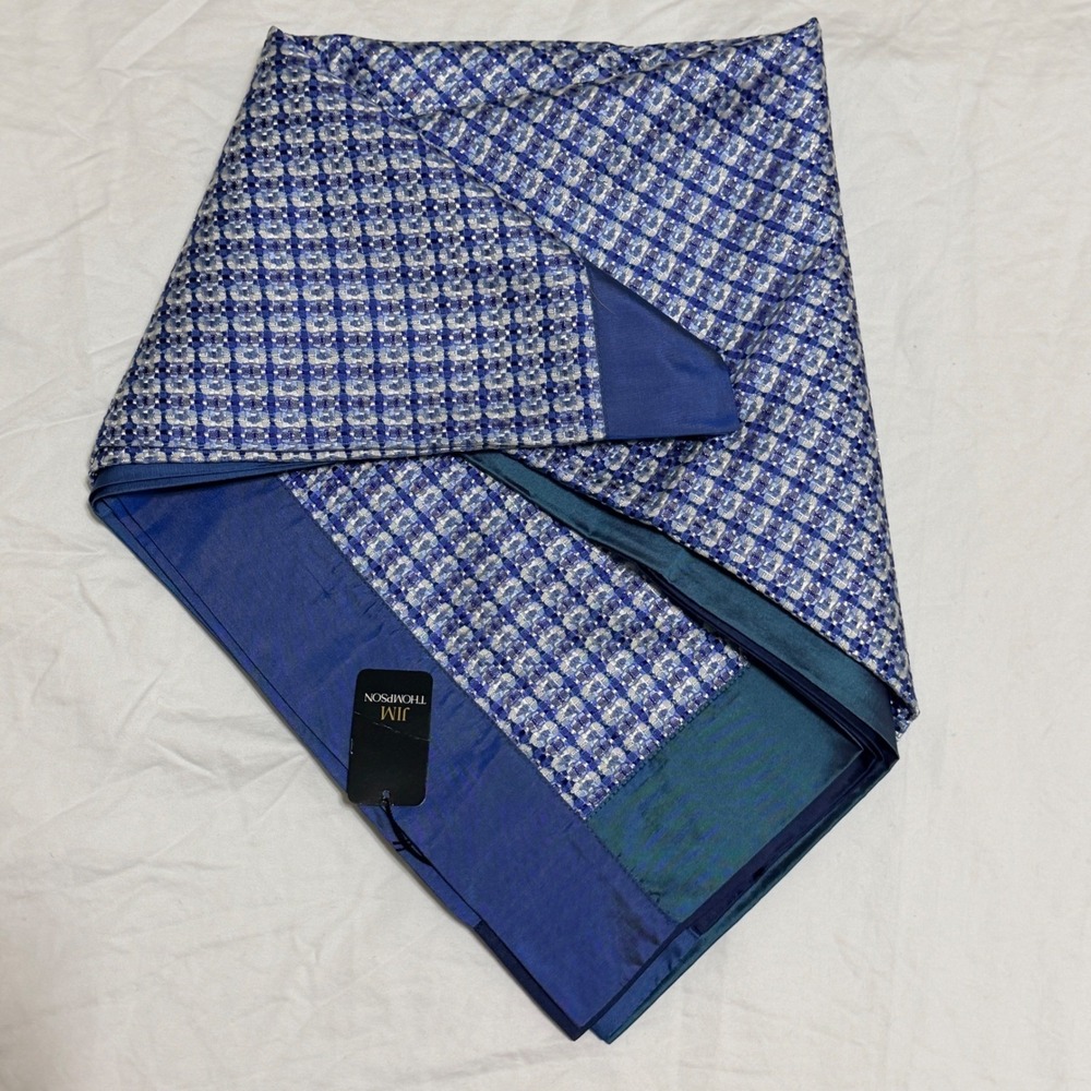 Jim Thompson Silk Square Scarf Shawl Large‎ Blue Woven Thai Basketweave